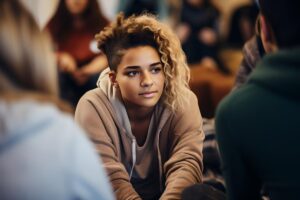 adolescent surrounded by caring loved ones learning the benefits of crisis intervention
